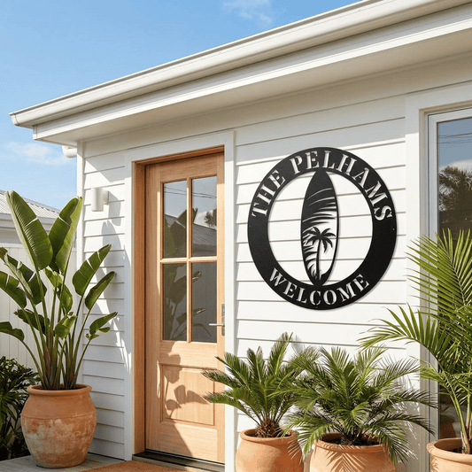 Custom Metal Surfboard Welcome Sign | Personalized Family Name | Circular Beach Decor |