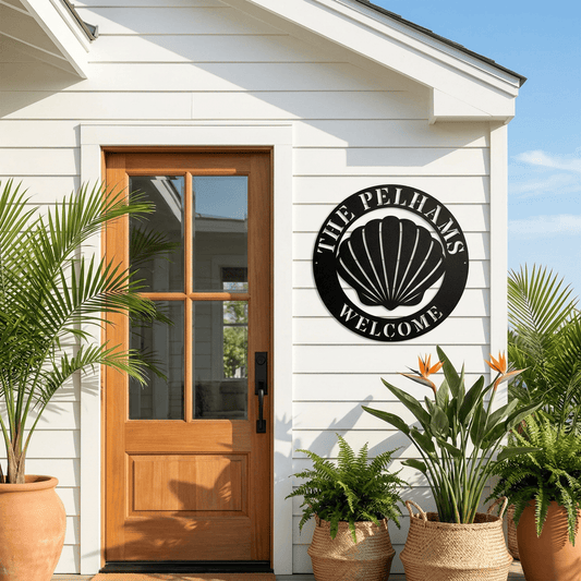 Custom Seashell Welcome Sign — Personalized Family Name Metal Sign | Coastal Beach Decor |