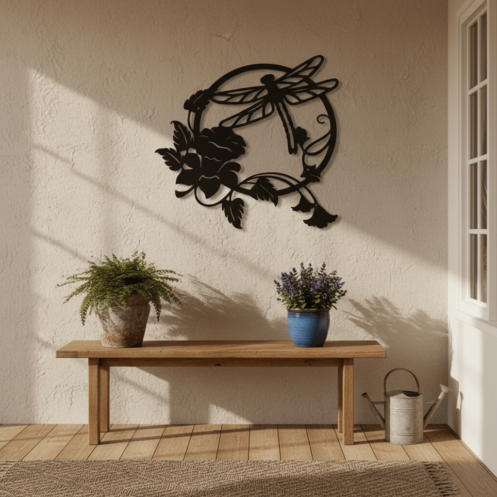 Rusty Rooster Fabrication & Design Home Decor Dragonfly & Flower Metal Wall Art – Rustic Handcrafted Home Accent (D61)