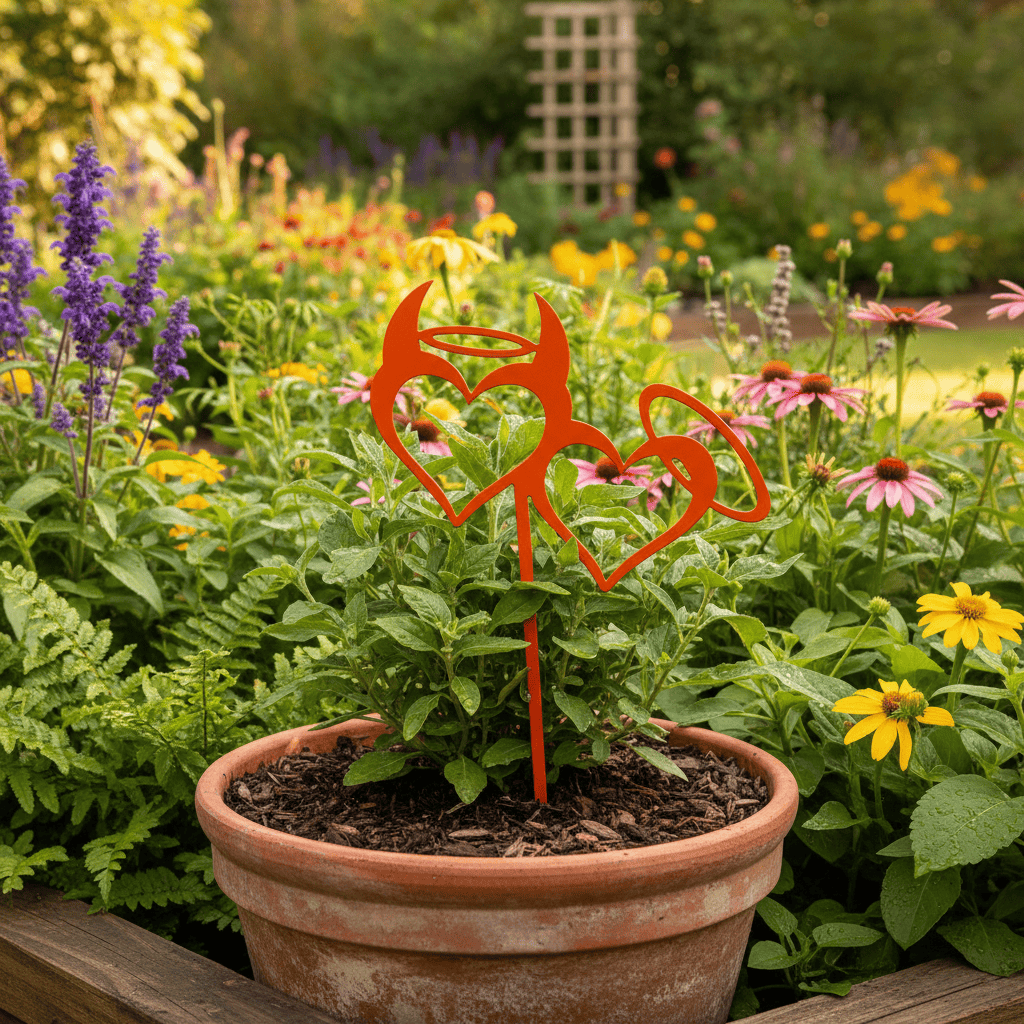 Rusty Rooster Fabrication & Design Home Decor Halo and Horns & Hearts Metal Flower pot stake (A51)