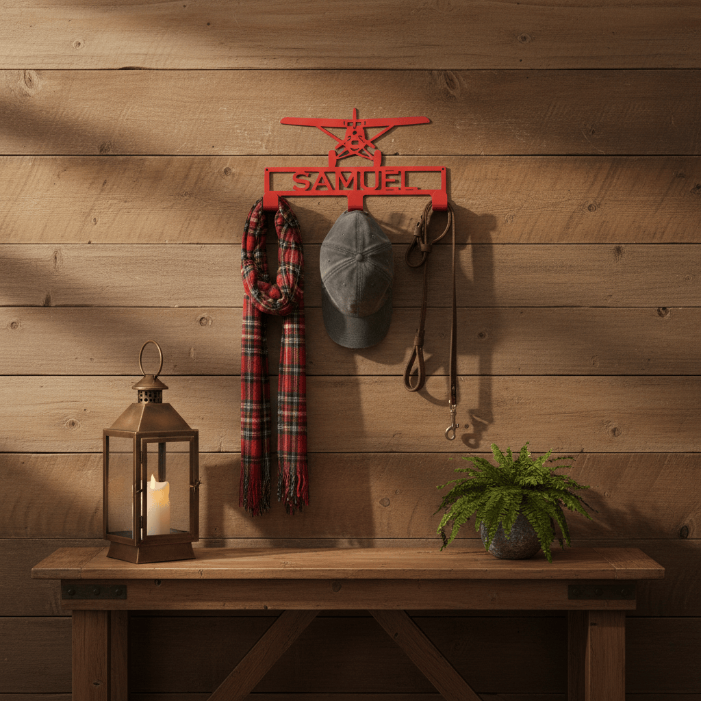 Rusty Rooster Fabrication & Design Home Decor Hat / Coat Rack with Prop Plane and Personalized Text Field 3 Hooks (L25)