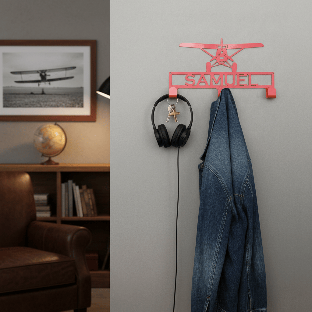Rusty Rooster Fabrication & Design Home Decor Hat / Coat Rack with Prop Plane and Personalized Text Field 3 Hooks (L25)