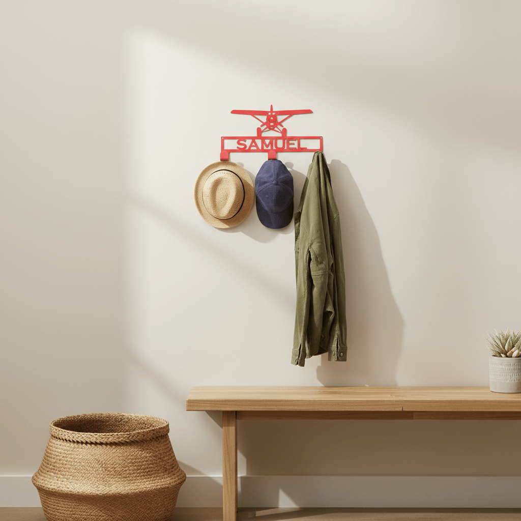 Rusty Rooster Fabrication & Design Home Decor Hat / Coat Rack with Prop Plane and Personalized Text Field 3 Hooks (L25)