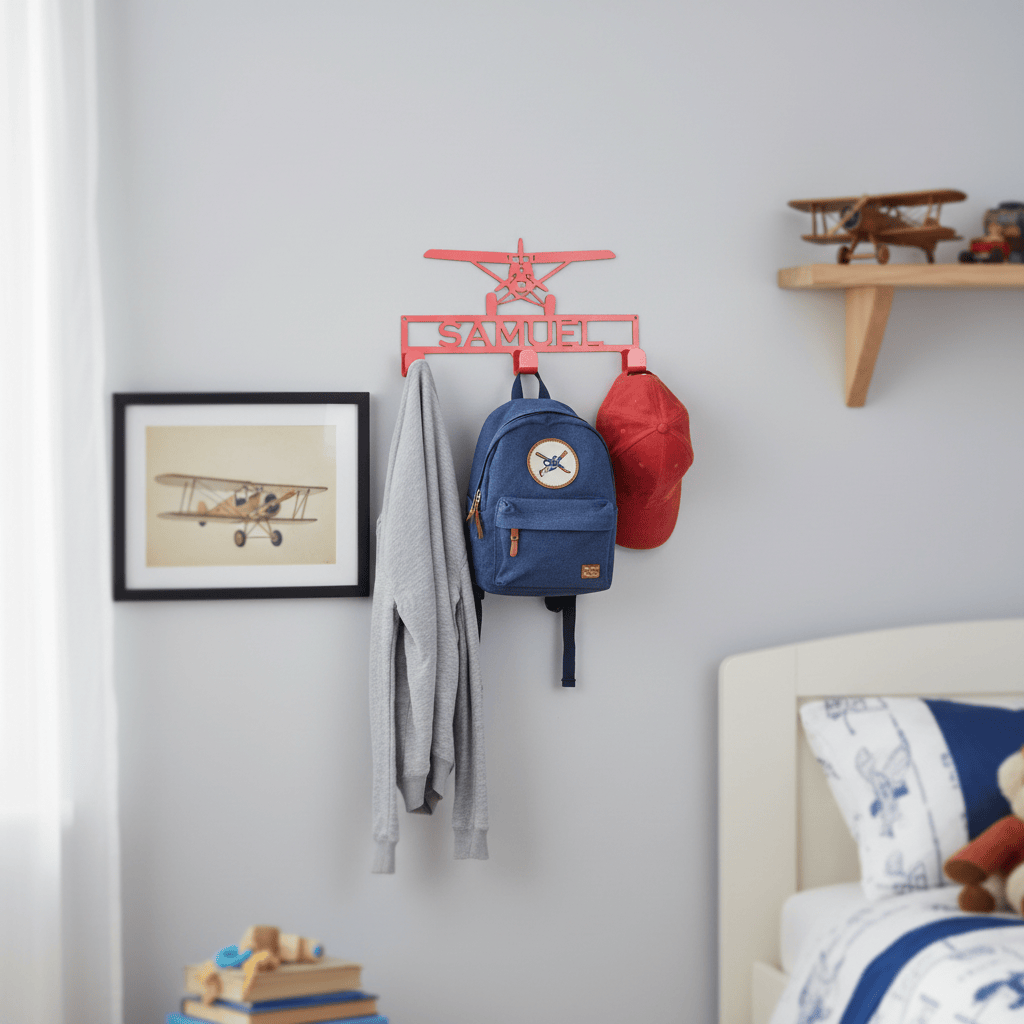 Rusty Rooster Fabrication & Design Home Decor Hat / Coat Rack with Prop Plane and Personalized Text Field 3 Hooks (L25)