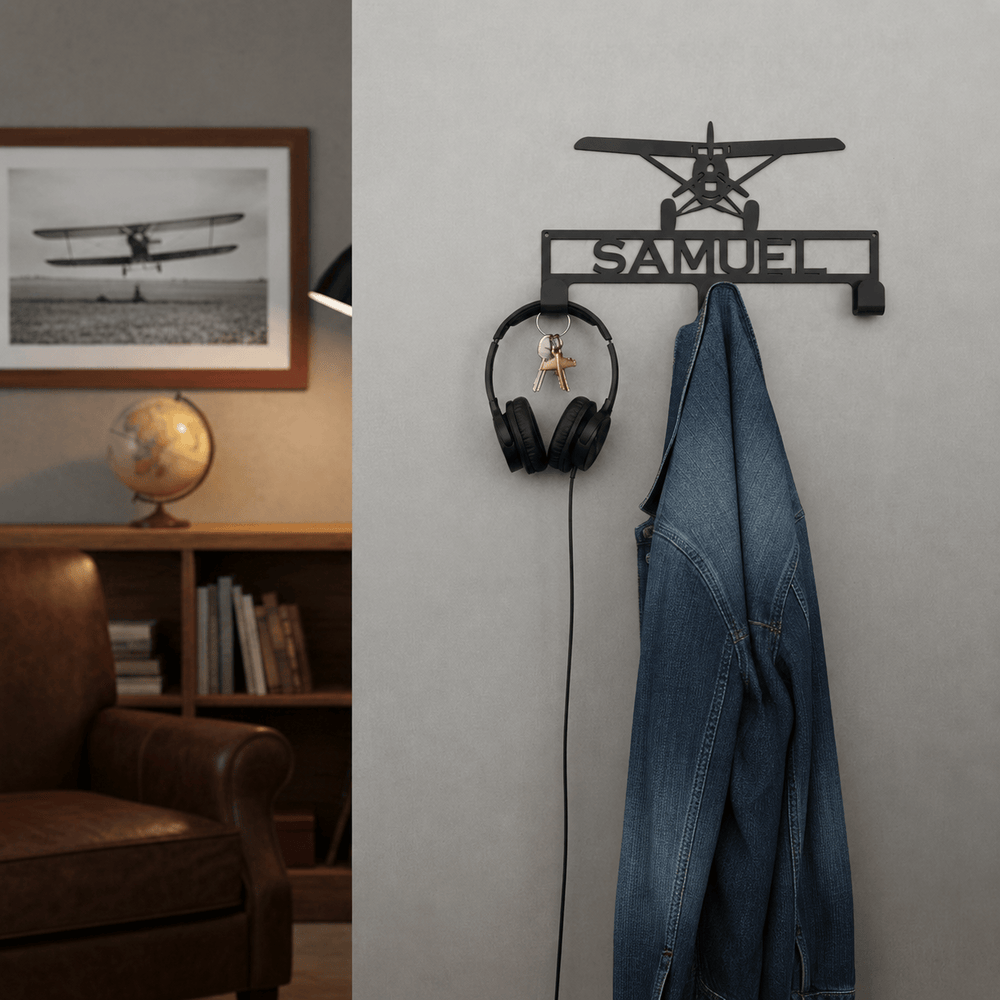 Rusty Rooster Fabrication & Design Home Decor Hat / Coat Rack with Prop Plane and Personalized Text Field 3 Hooks (L25)