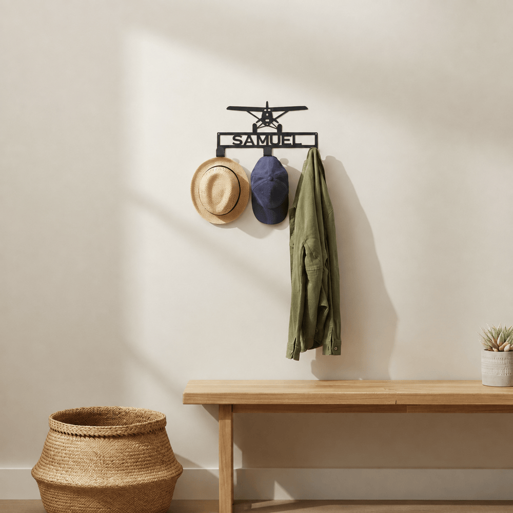 Rusty Rooster Fabrication & Design Home Decor Hat / Coat Rack with Prop Plane and Personalized Text Field 3 Hooks (L25)