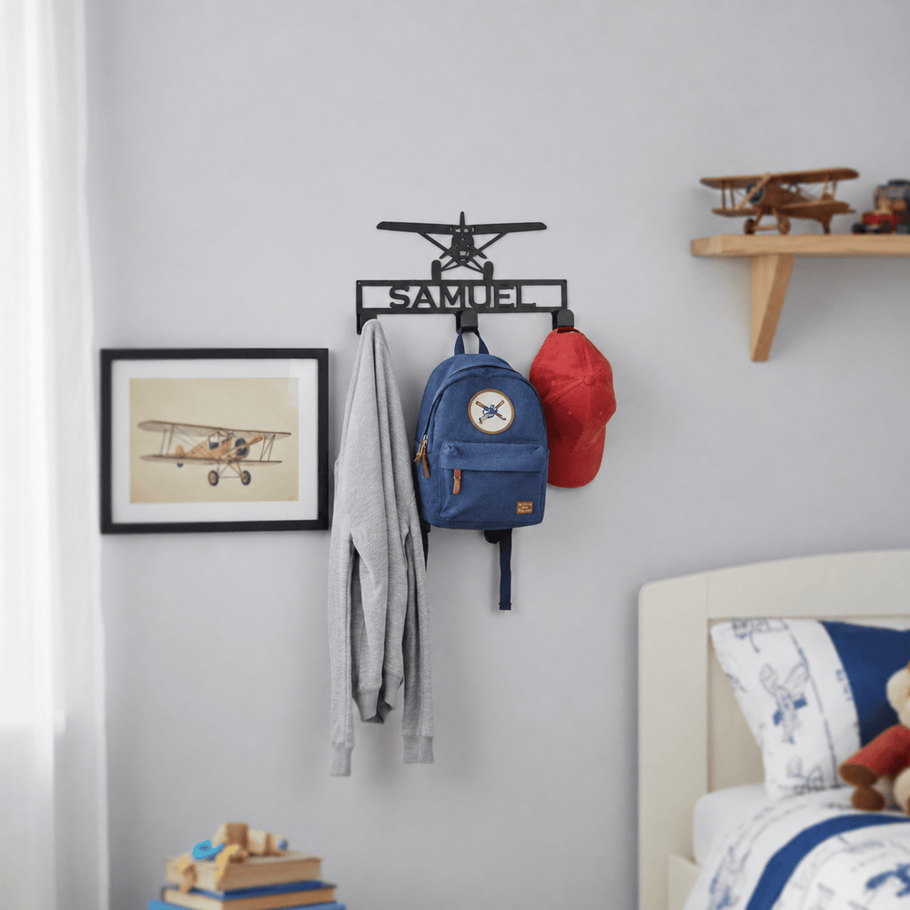 Rusty Rooster Fabrication & Design Home Decor Hat / Coat Rack with Prop Plane and Personalized Text Field 3 Hooks (L25)