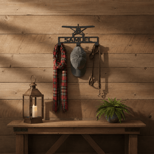 Rusty Rooster Fabrication & Design Home Decor Hat / Coat Rack with Prop Plane and Personalized Text Field 3 Hooks (L25)