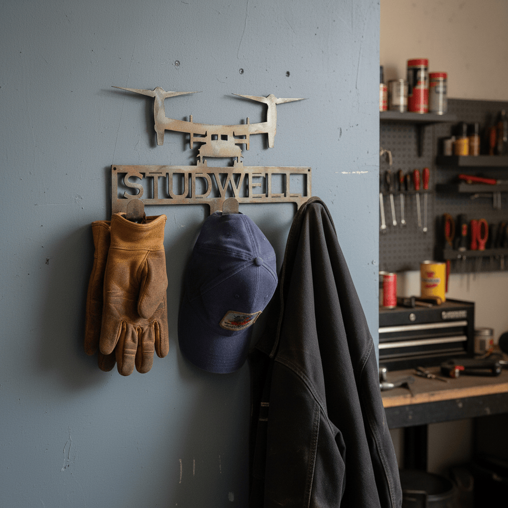 Rusty Rooster Fabrication & Design Home Decor Hat / Coat Rack with V22 Osprey and Personalized Text Field 3 Hooks (M25)