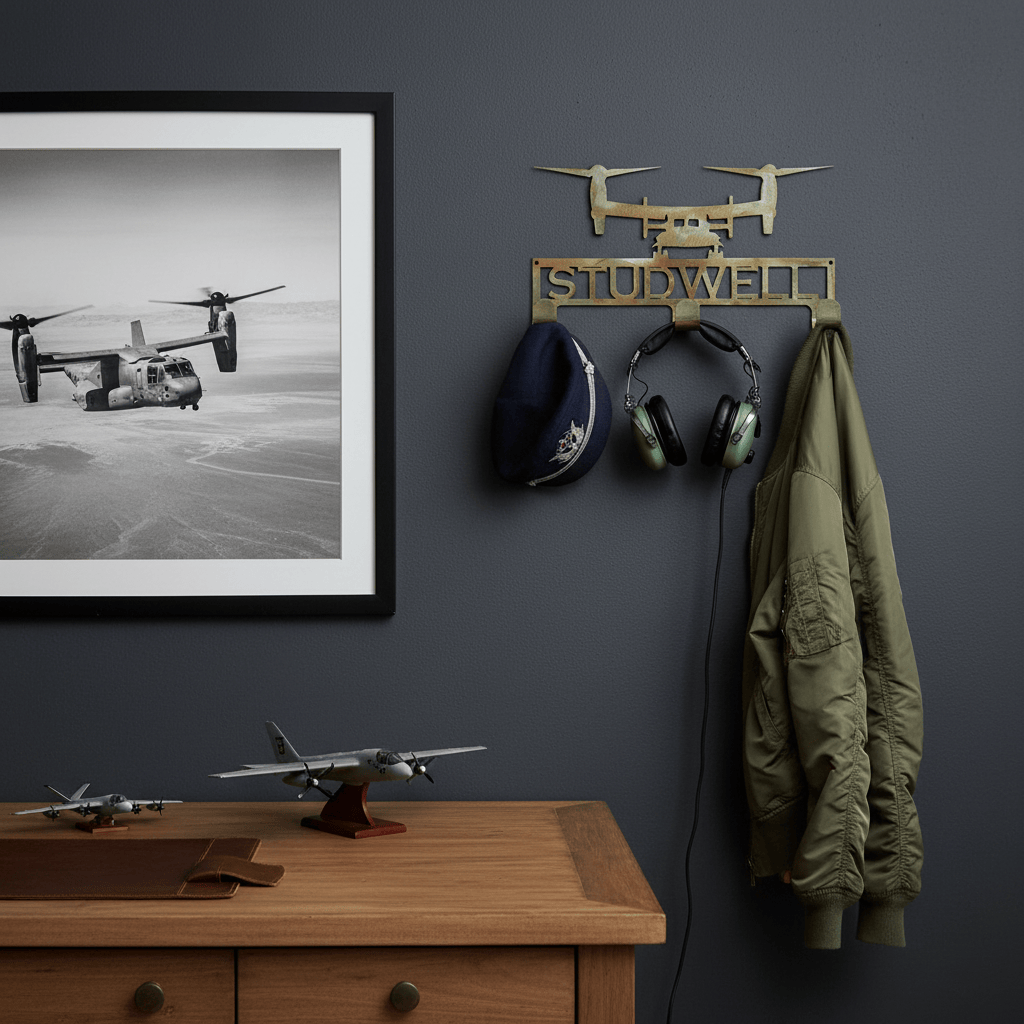 Rusty Rooster Fabrication & Design Home Decor Hat / Coat Rack with V22 Osprey and Personalized Text Field 3 Hooks (M25)