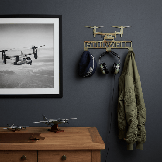 Rusty Rooster Fabrication & Design Home Decor Hat / Coat Rack with V22 Osprey and Personalized Text Field 3 Hooks (M25)