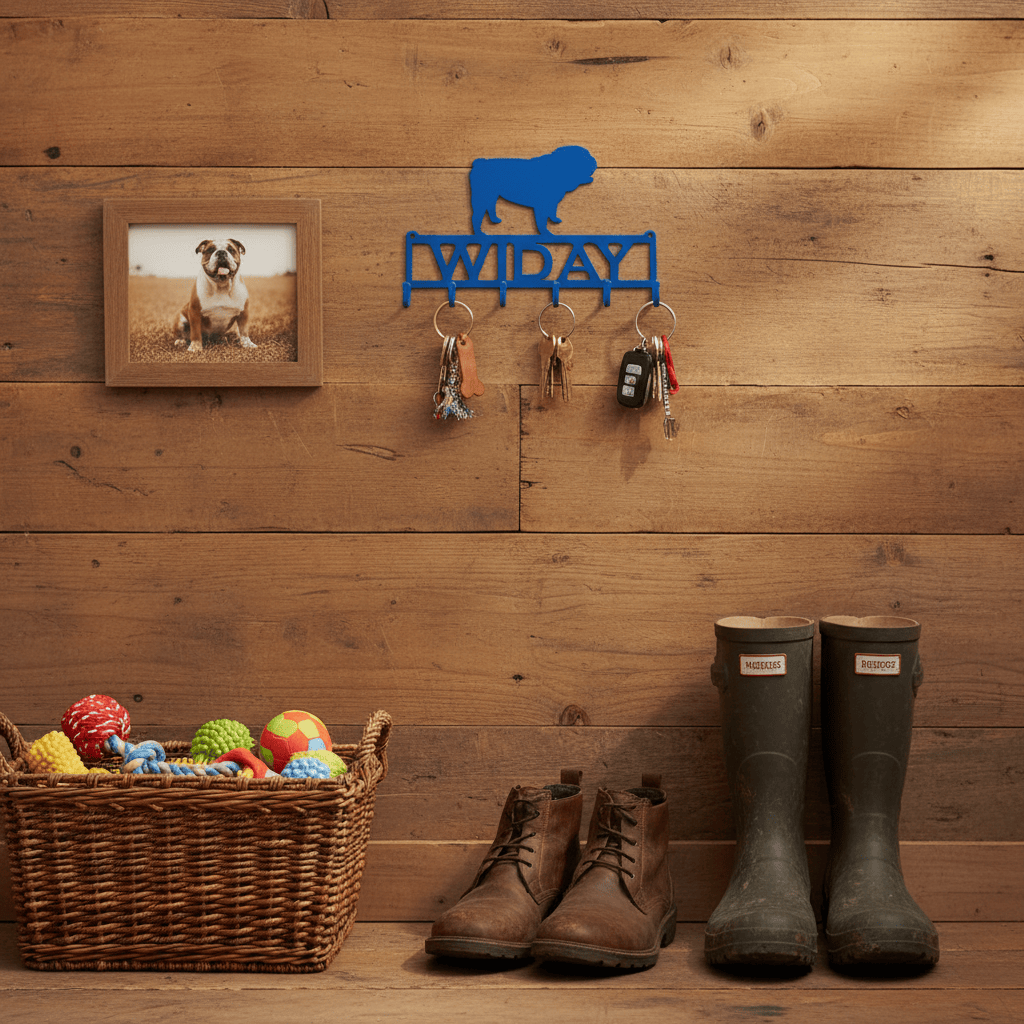 Rusty Rooster Fabrication & Design Home Decor Key Holder with English Bulldog on Top and Personalized Text Field (P25)