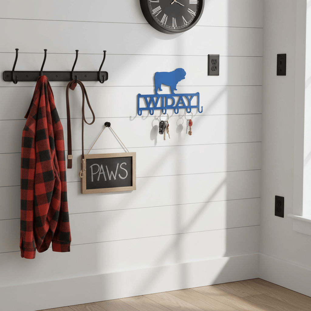 Rusty Rooster Fabrication & Design Home Decor Key Holder with English Bulldog on Top and Personalized Text Field (P25)