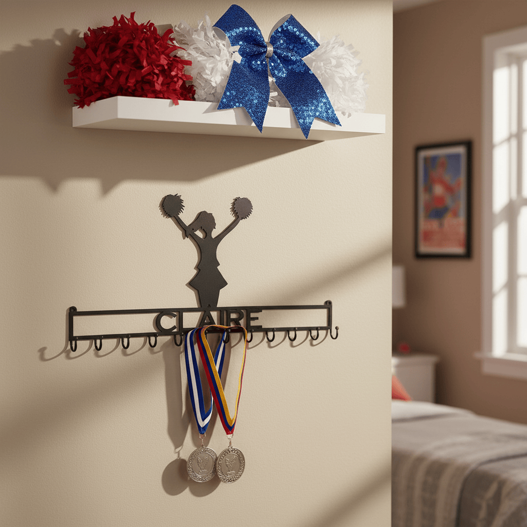 Rusty Rooster Fabrication & Design Home Decor Medal Holder with Cheerleader and Personalized Text Field (I23)