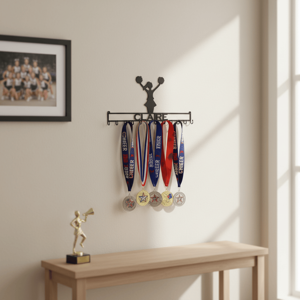 Rusty Rooster Fabrication & Design Home Decor Medal Holder with Cheerleader and Personalized Text Field (I23)