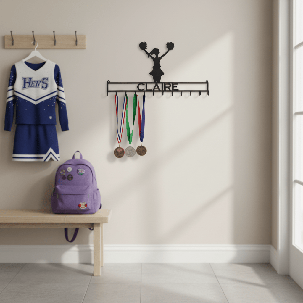 Rusty Rooster Fabrication & Design Home Decor Medal Holder with Cheerleader and Personalized Text Field (I23)