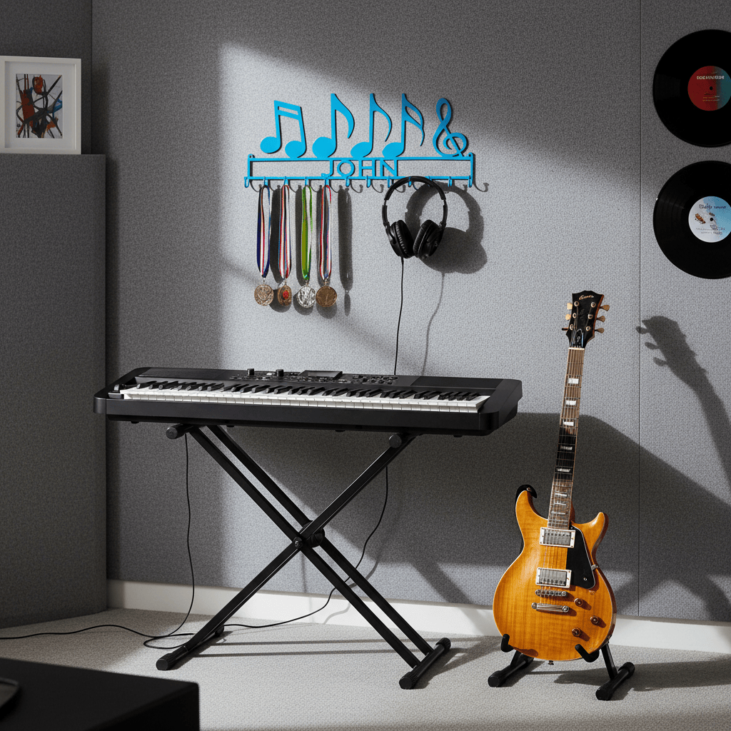 Rusty Rooster Fabrication & Design Home Decor Medal Holder with Music Notes and Personalized Text Field (H30)
