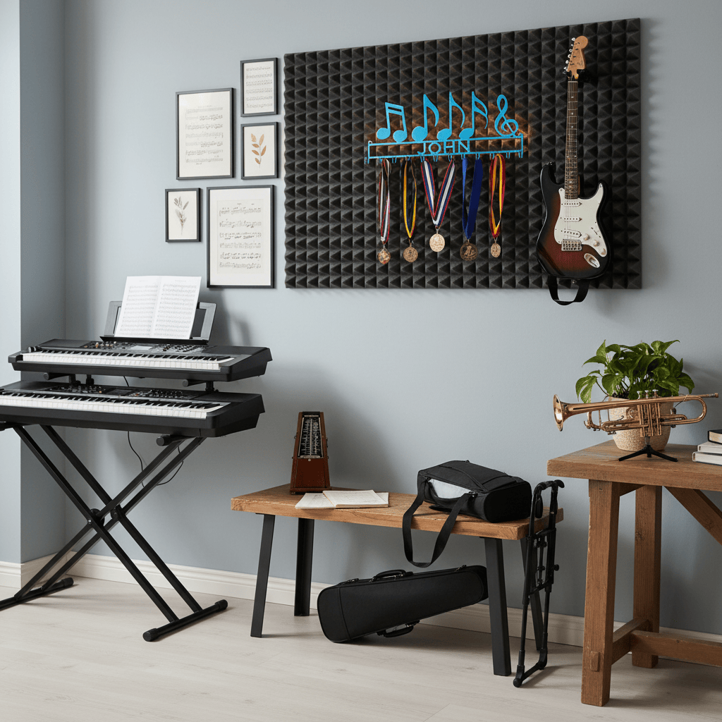Rusty Rooster Fabrication & Design Home Decor Medal Holder with Music Notes and Personalized Text Field (H30)