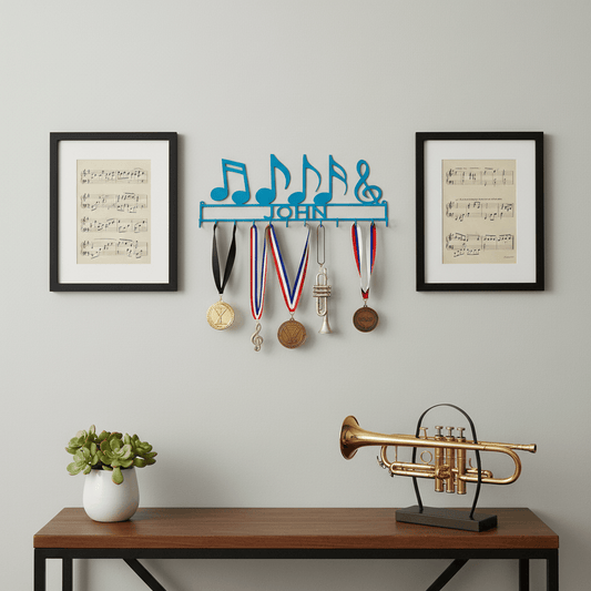 Rusty Rooster Fabrication & Design Home Decor Medal Holder with Music Notes and Personalized Text Field (H30)