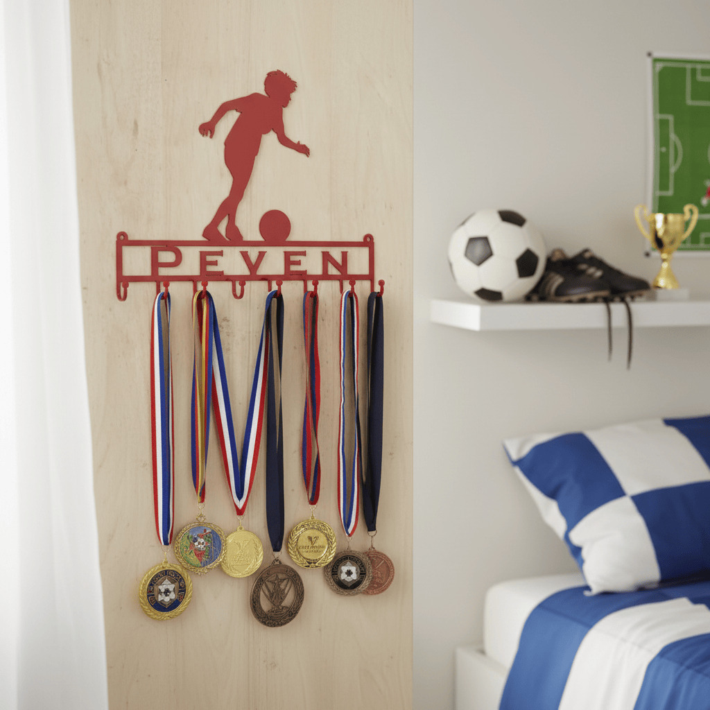 Rusty Rooster Fabrication & Design Home Decor Medal Holder with Soccer Player Running with Ball with Custom Text Field and 8 Hooks   (Z22)