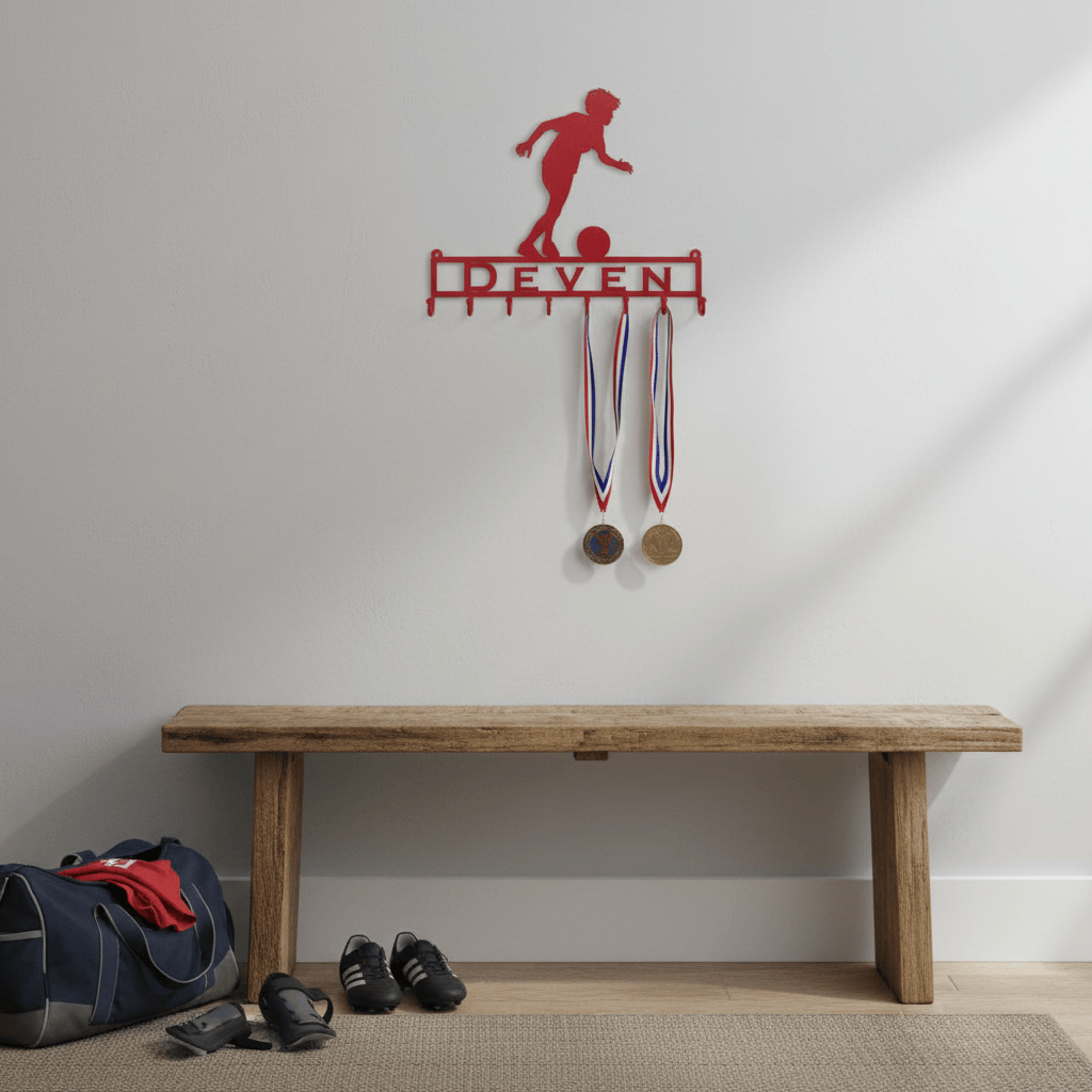 Rusty Rooster Fabrication & Design Home Decor Medal Holder with Soccer Player Running with Ball with Custom Text Field and 8 Hooks   (Z22)