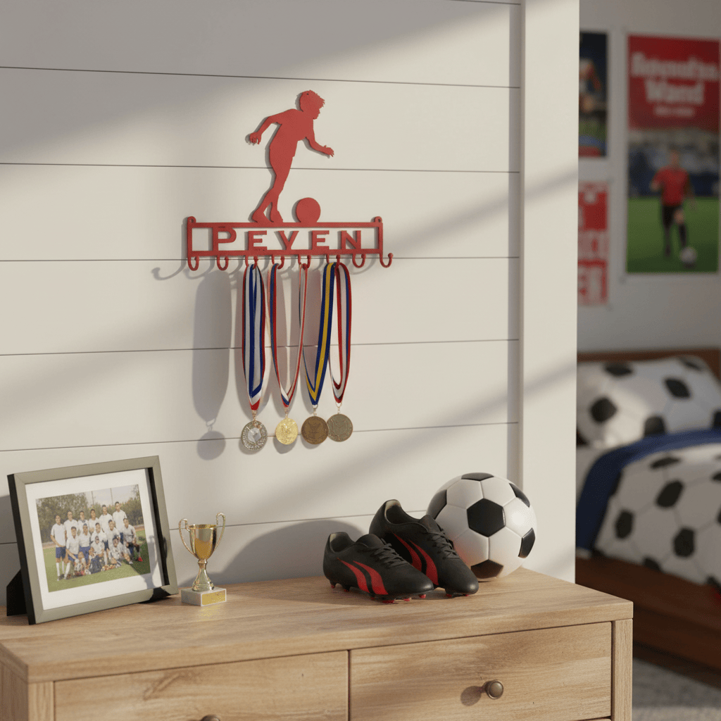 Rusty Rooster Fabrication & Design Home Decor Medal Holder with Soccer Player Running with Ball with Custom Text Field and 8 Hooks   (Z22)