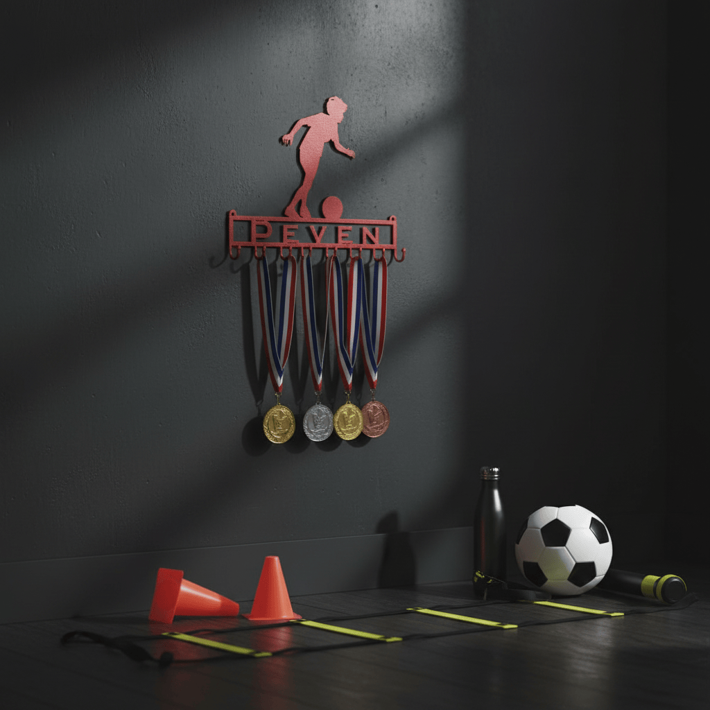 Rusty Rooster Fabrication & Design Home Decor Medal Holder with Soccer Player Running with Ball with Custom Text Field and 8 Hooks   (Z22)