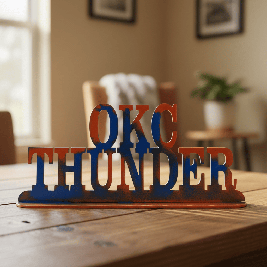 Rusty Rooster Fabrication & Design Home Decor OKC Thunder Metal Tabletop Sign (Custom Steel Word Decor, Powder Coated, Handmade) (D63)