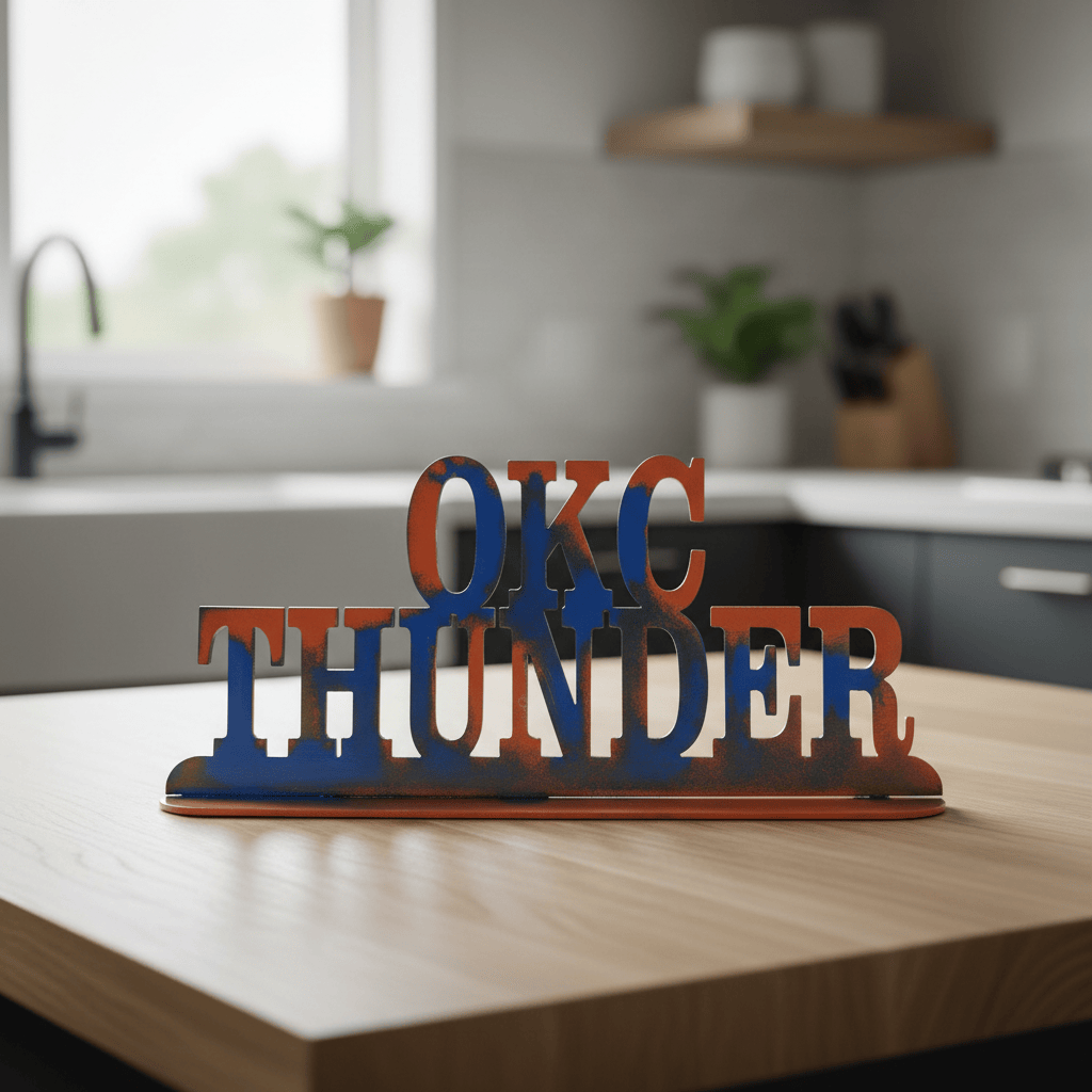 Rusty Rooster Fabrication & Design Home Decor OKC Thunder Metal Tabletop Sign (Custom Steel Word Decor, Powder Coated, Handmade) (D63)