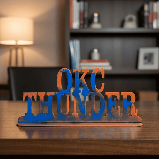 Rusty Rooster Fabrication & Design Home Decor OKC Thunder Metal Tabletop Sign (Custom Steel Word Decor, Powder Coated, Handmade) (D63)