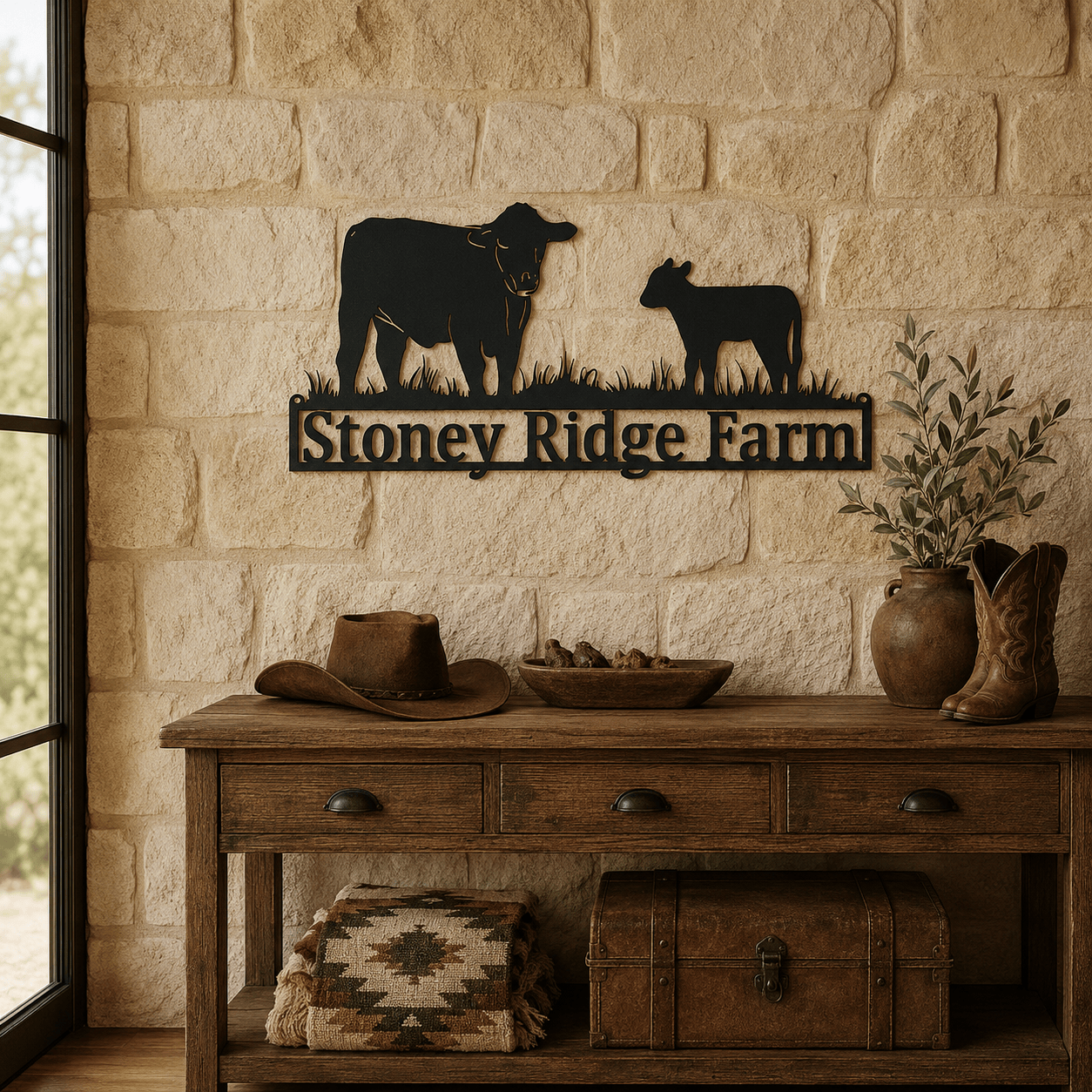 Personalized Cow & Calf Metal Ranch Sign