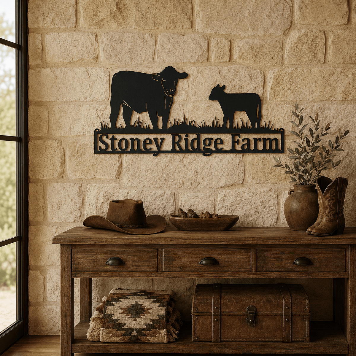 Personalized Cow & Calf Metal Ranch Sign