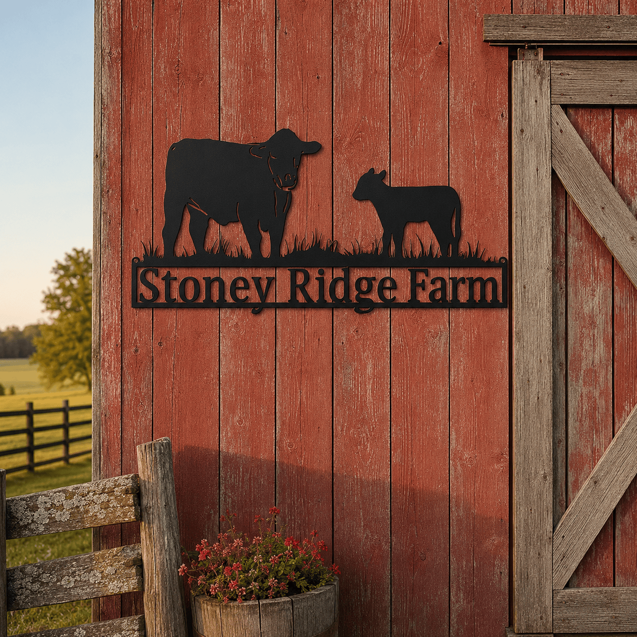 Personalized Cow & Calf Metal Ranch Sign