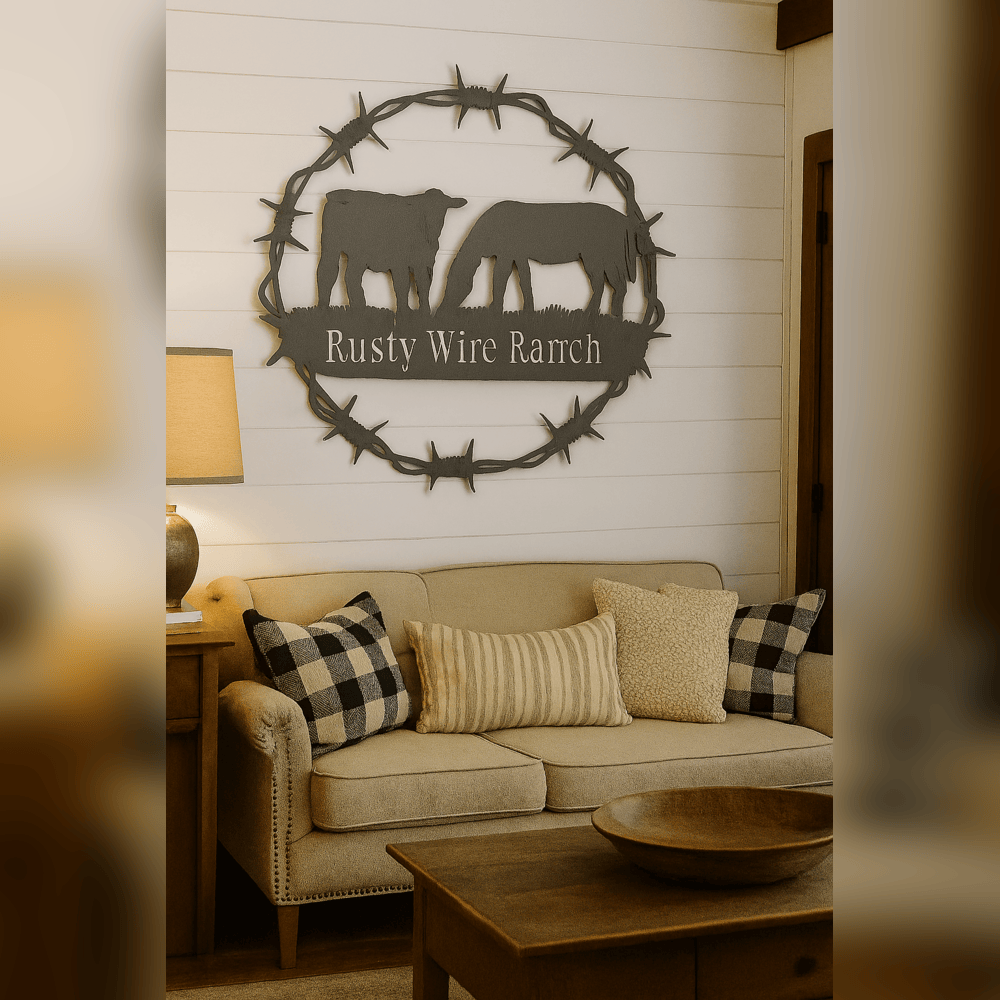 Rusty Rooster Fabrication & Design Home Decor Personalized Cow & Horse Ranch Sign – Barbed Wire Metal Wall Art (B80)