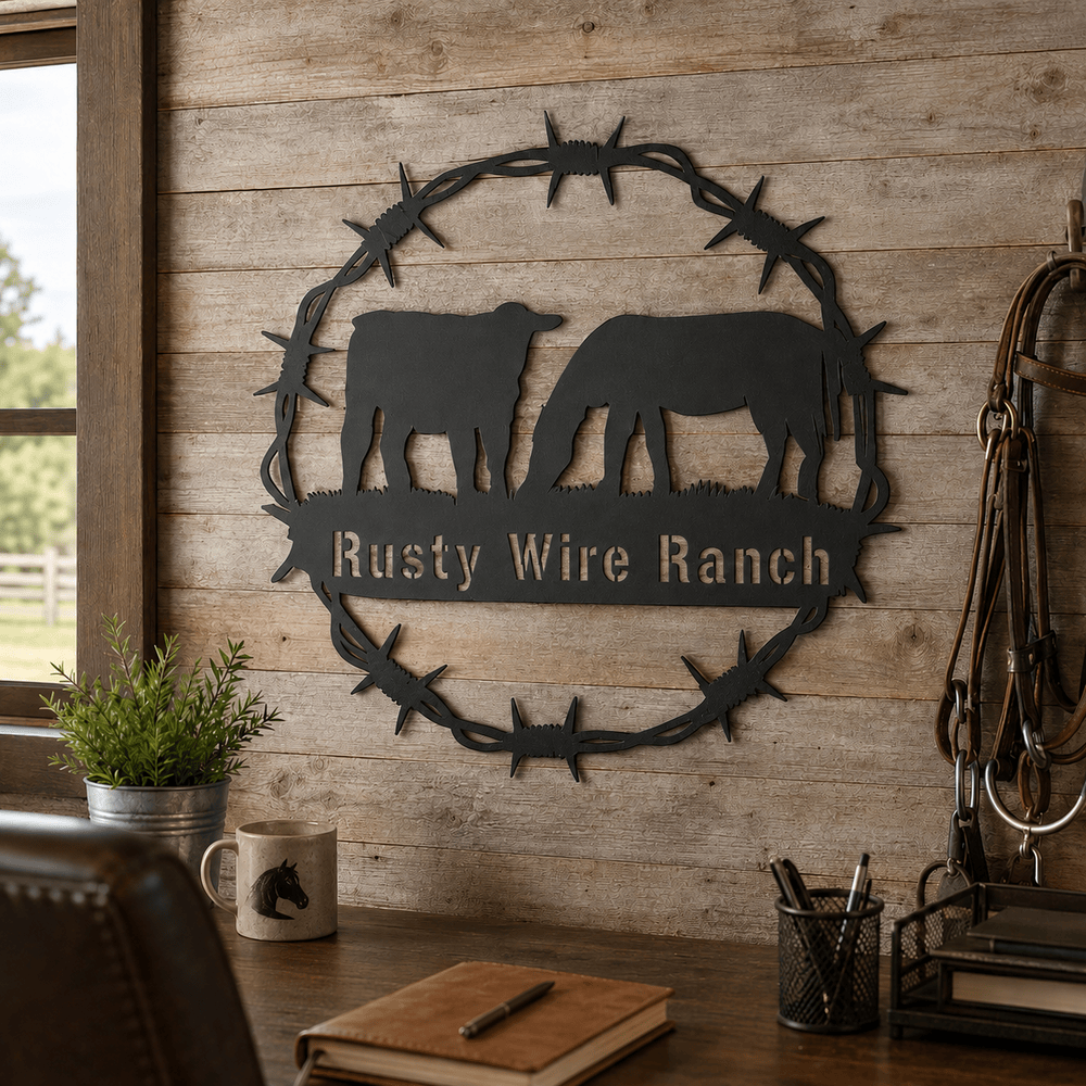 Rusty Rooster Fabrication & Design Home Decor Personalized Cow & Horse Ranch Sign – Barbed Wire Metal Wall Art (B80)