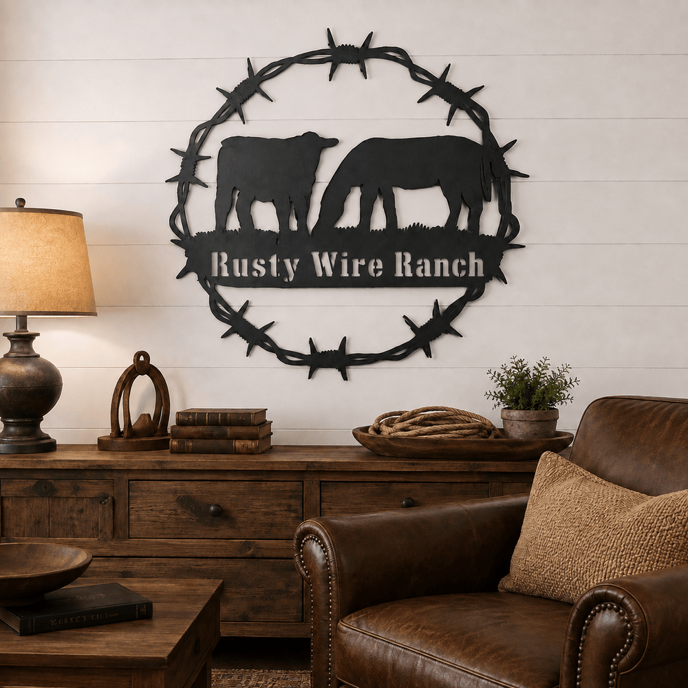 Rusty Rooster Fabrication & Design Home Decor Personalized Cow & Horse Ranch Sign – Barbed Wire Metal Wall Art (B80)