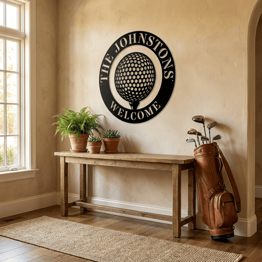 Personalized Golf Welcome Sign | Custom Family Name Metal Sign | Golf Décor for Home, Man Cave & Office |