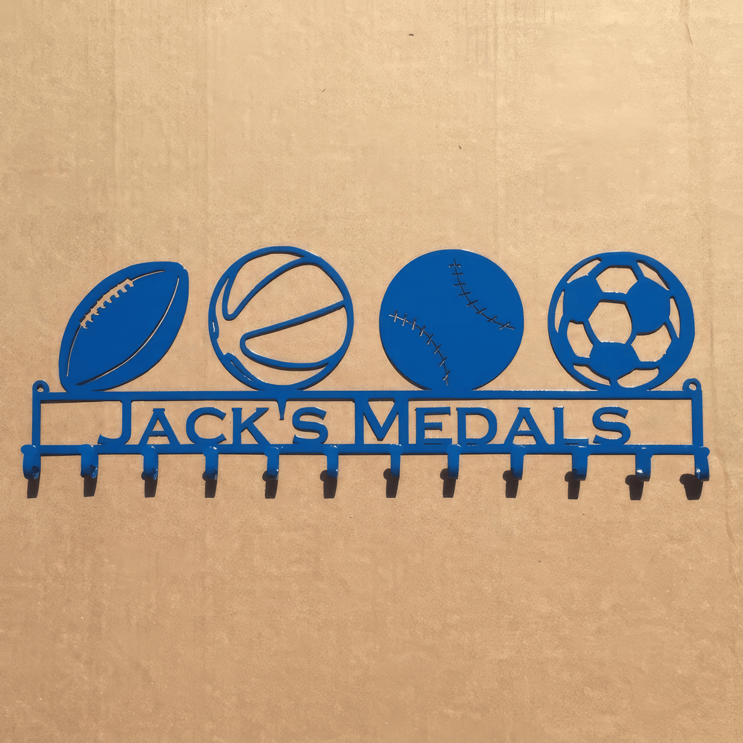 Rusty Rooster Fabrication & Design Home Decor Personalized Medal Rack with 4 Custom Sport Balls & Text – Handcrafted Steel Display (W16)