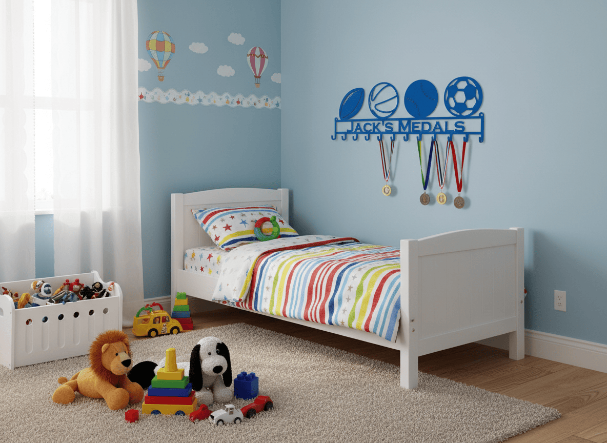 Rusty Rooster Fabrication & Design Home Decor Personalized Medal Rack with 4 Custom Sport Balls & Text – Handcrafted Steel Display (W16)