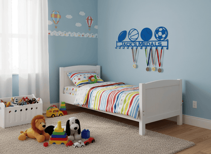 Rusty Rooster Fabrication & Design Home Decor Personalized Medal Rack with 4 Custom Sport Balls & Text – Handcrafted Steel Display (W16)