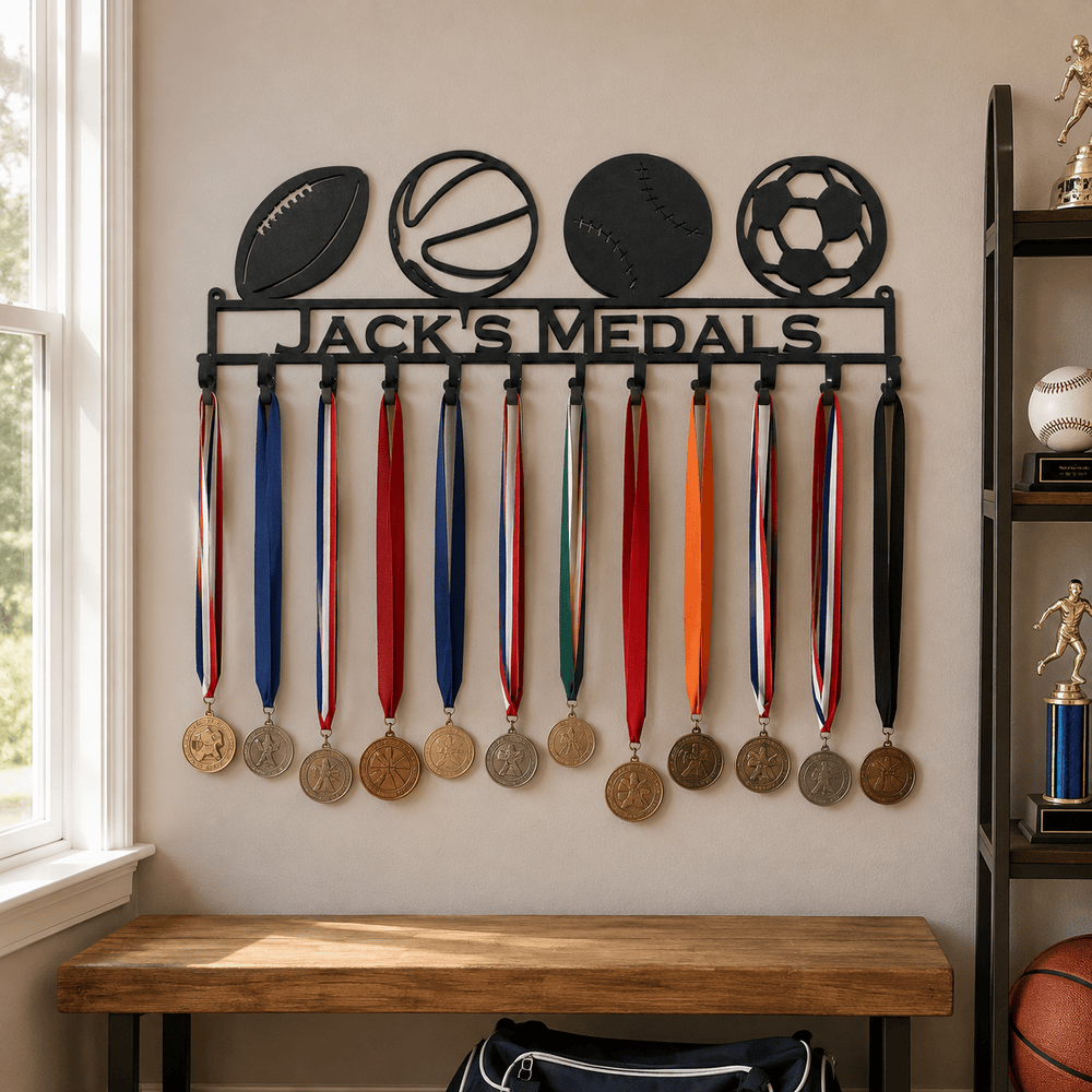 Rusty Rooster Fabrication & Design Home Decor Personalized Multi-Sport Medal Rack – Custom 4-Sport Display (W16)