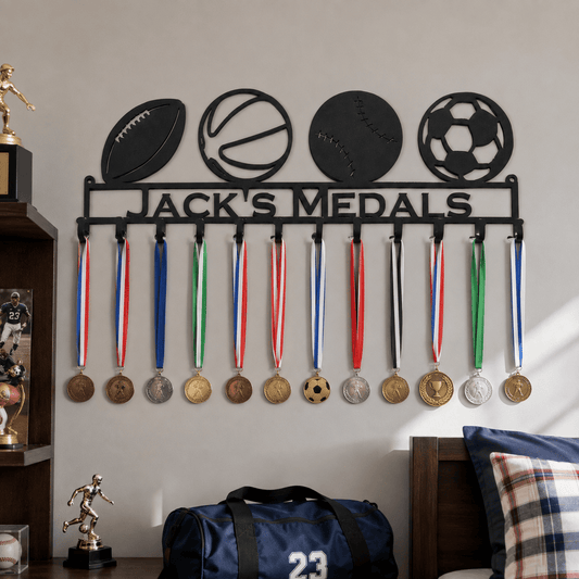 Rusty Rooster Fabrication & Design Home Decor Personalized Multi-Sport Medal Rack – Custom 4-Sport Display (W16)