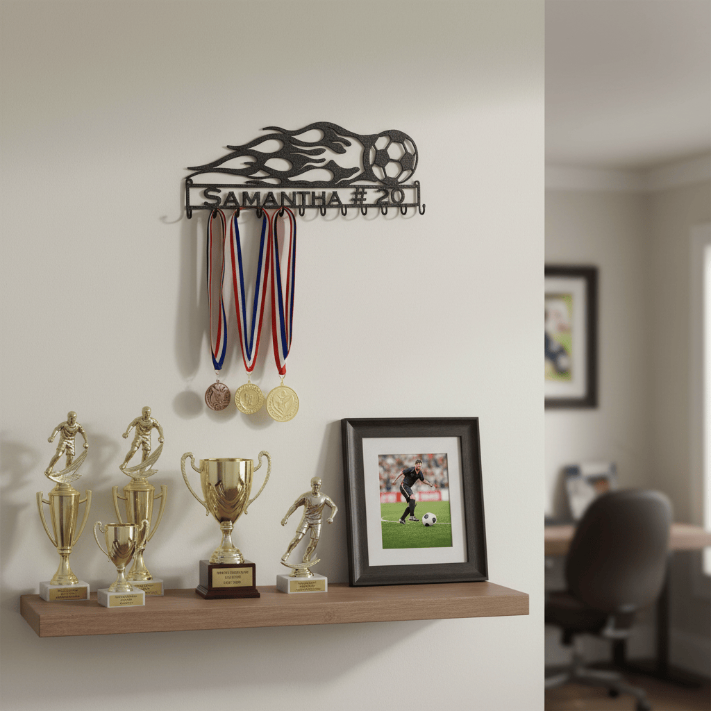 Rusty Rooster Fabrication & Design Home Decor Personalized Soccer Flames Medal Display Rack (H20)
