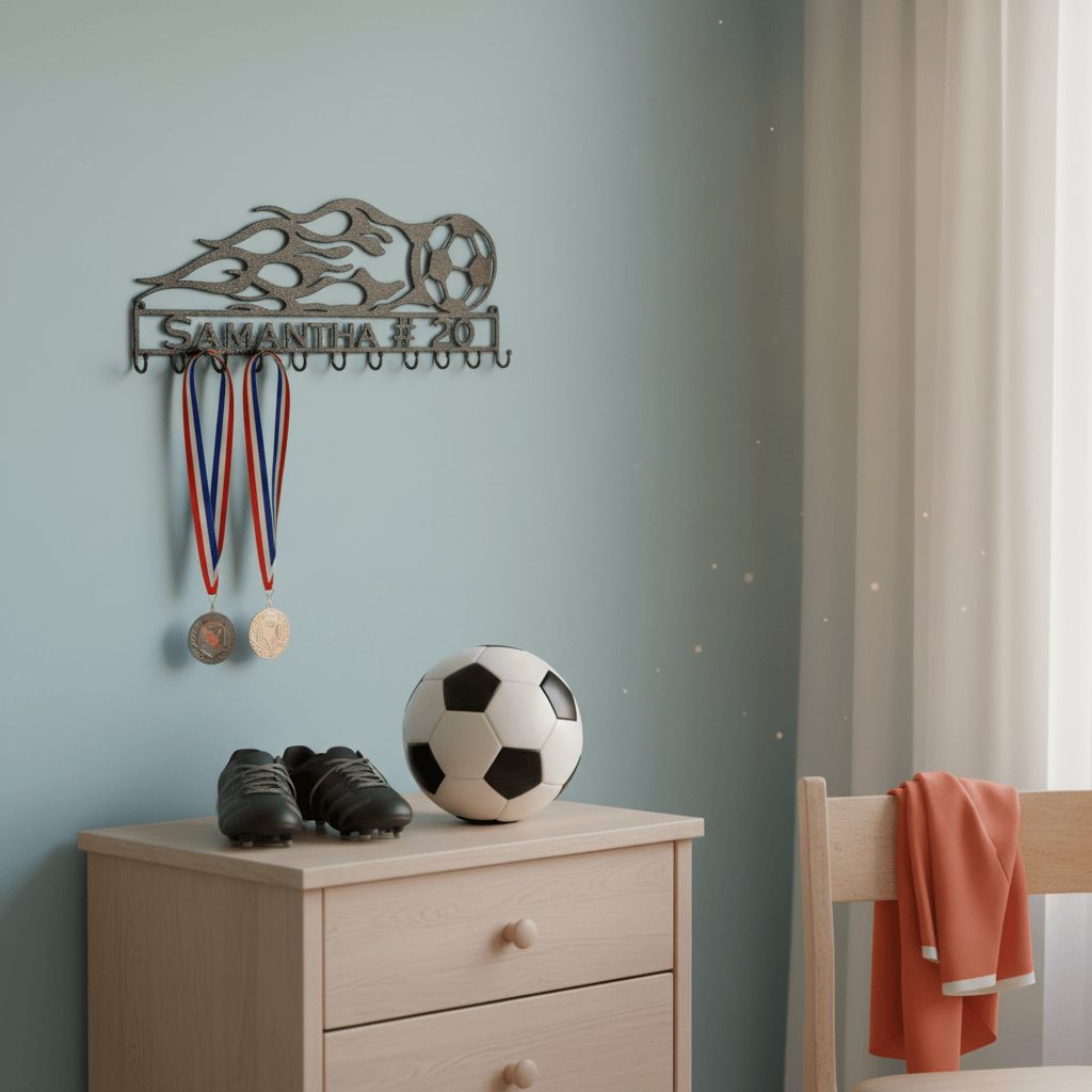 Rusty Rooster Fabrication & Design Home Decor Personalized Soccer Flames Medal Display Rack (H20)