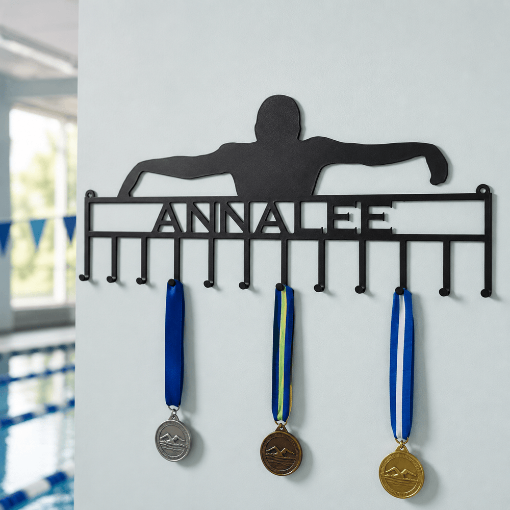 Rusty Rooster Fabrication & Design Home Decor Personalized Swimmer Medal Holder – Custom Swim Team Display (V22)