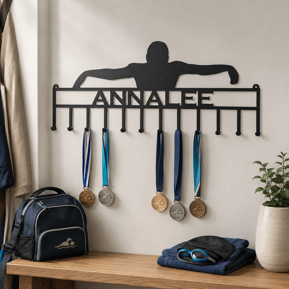Rusty Rooster Fabrication & Design Home Decor Personalized Swimmer Medal Holder – Custom Swim Team Display (V22)