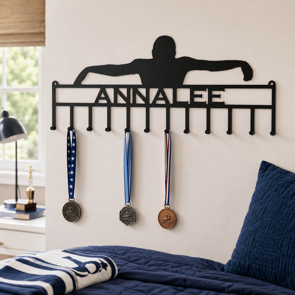 Rusty Rooster Fabrication & Design Home Decor Personalized Swimmer Medal Holder – Custom Swim Team Display (V22)
