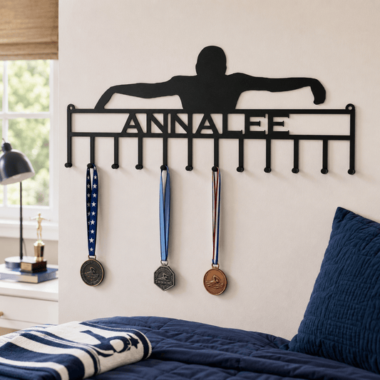 Rusty Rooster Fabrication & Design Home Decor Personalized Swimmer Medal Holder – Custom Swim Team Display (V22)