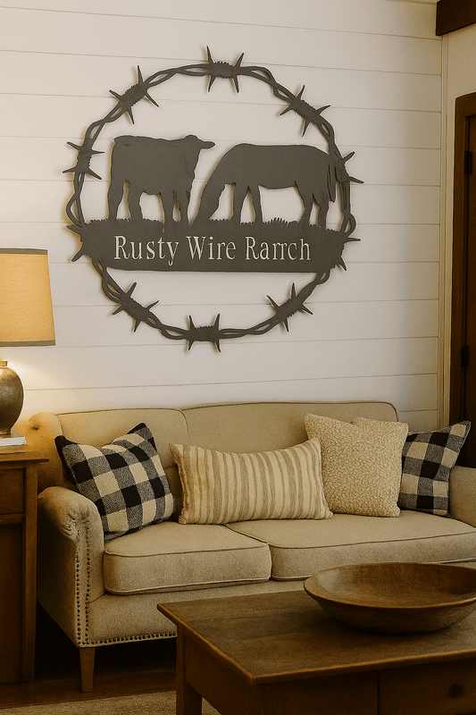 Rusty Rooster Fabrication & Design Home Decor Rustic  Barbwire Metal Frame with Cow & Horse Silhouette – Western Wall Art (B80)
