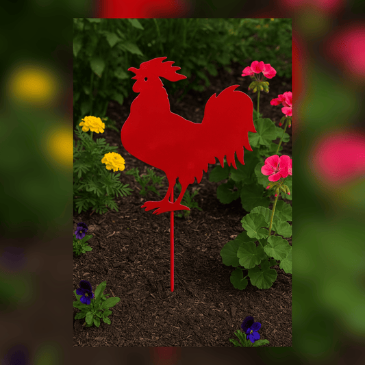 Rusty Rooster Fabrication & Design Home Decor Rustic Rooster Metal Garden Stake – Farmhouse Yard Decor for Flower Beds (D1)
